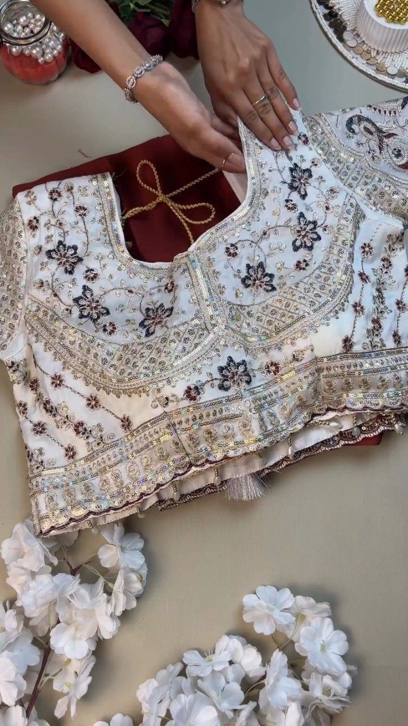 Opulent Ivory & Maroon Hand-Embroidered Sequin Saree Set – Available in Ivory & Deep Maroon