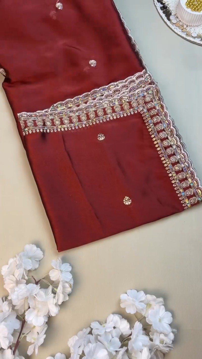 Opulent Ivory & Maroon Hand-Embroidered Sequin Saree Set – Available in Ivory & Deep Maroon