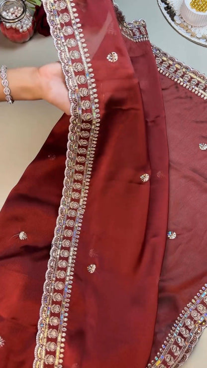 Opulent Ivory & Maroon Hand-Embroidered Sequin Saree Set – Available in Ivory & Deep Maroon