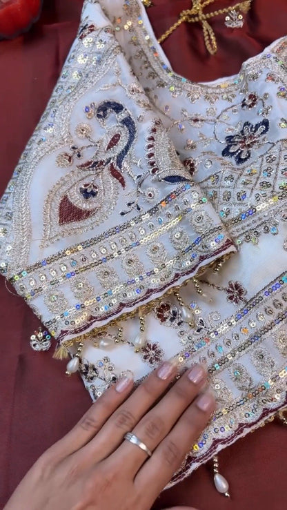 Opulent Ivory & Maroon Hand-Embroidered Sequin Saree Set – Available in Ivory & Deep Maroon