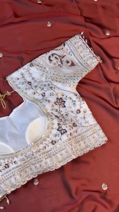 Opulent Ivory & Maroon Hand-Embroidered Sequin Saree Set – Available in Ivory & Deep Maroon