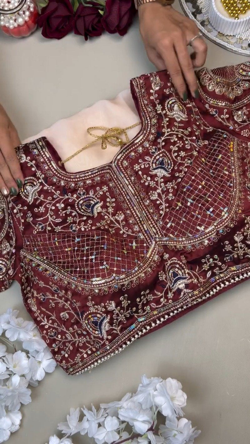 Regal Maroon Sequin-Embroidered Velvet Blouse and Saree Set – Available in Maroon & White