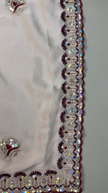 Regal Maroon Sequin-Embroidered Velvet Blouse and Saree Set – Available in Maroon & White