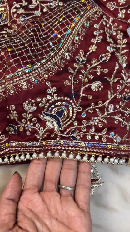 Regal Maroon Sequin-Embroidered Velvet Blouse and Saree Set – Available in Maroon & White