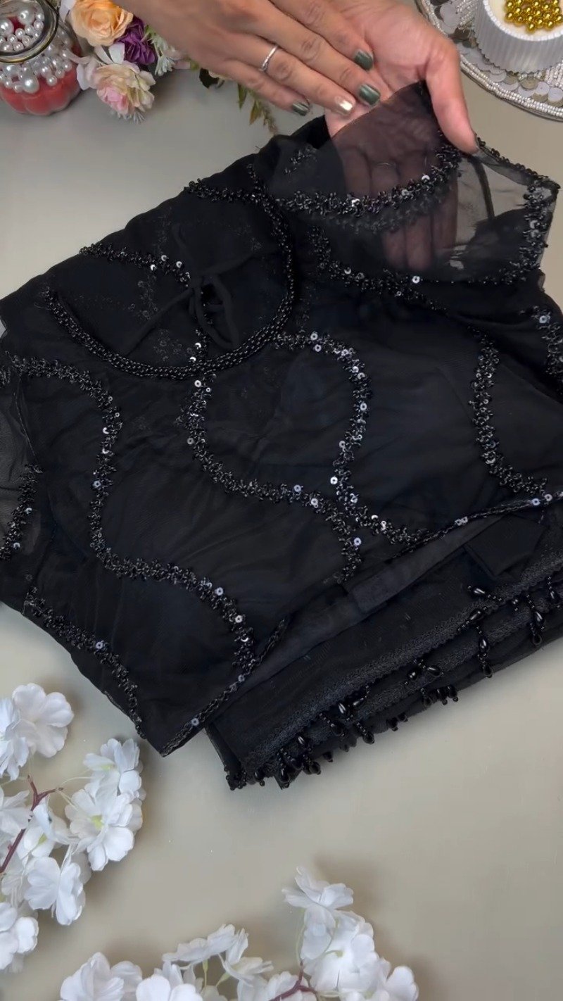 Midnight Noir Sequin-Embellished Sheer Saree with Matching Blouse