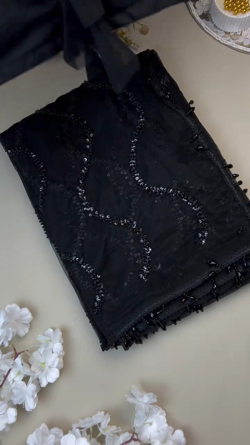Midnight Noir Sequin-Embellished Sheer Saree with Matching Blouse