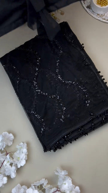 Midnight Noir Sequin-Embellished Sheer Saree with Matching Blouse