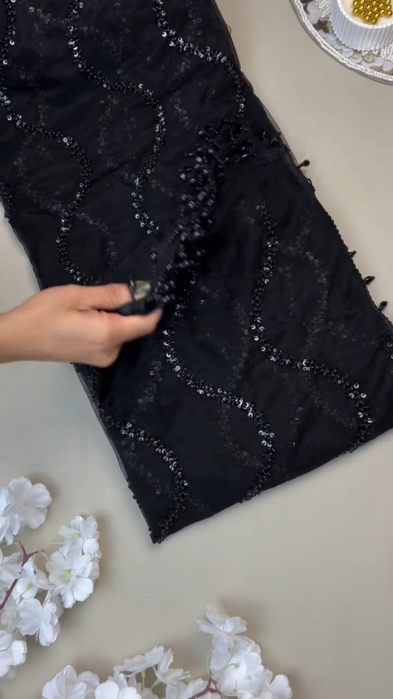 Midnight Noir Sequin-Embellished Sheer Saree with Matching Blouse