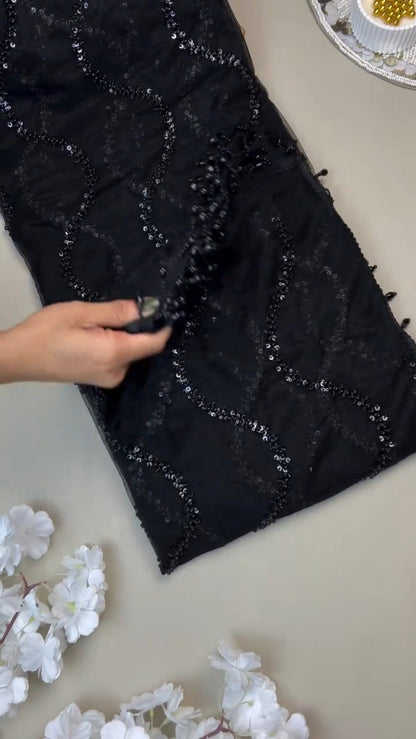 Midnight Noir Sequin-Embellished Sheer Saree with Matching Blouse