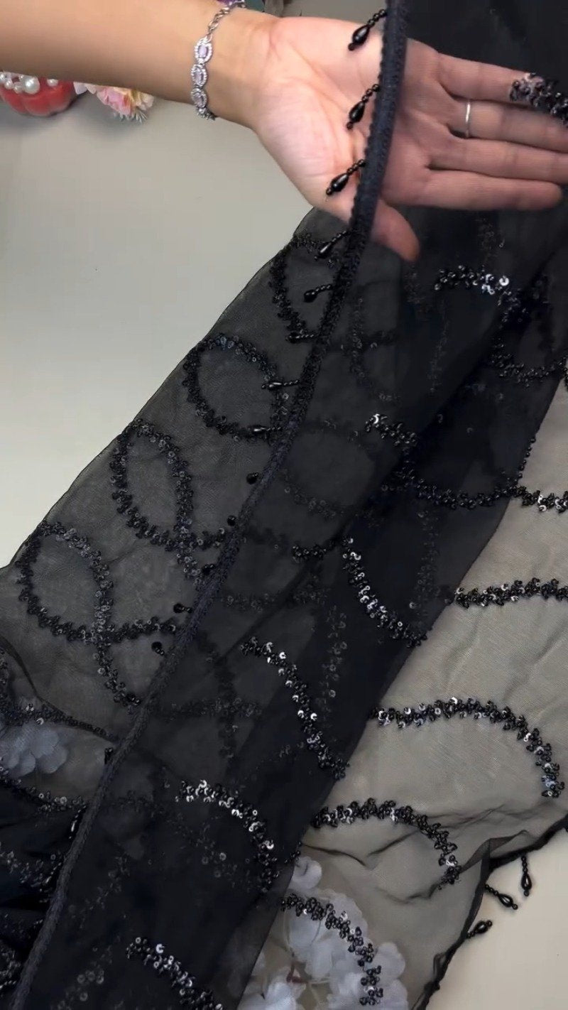 Midnight Noir Sequin-Embellished Sheer Saree with Matching Blouse
