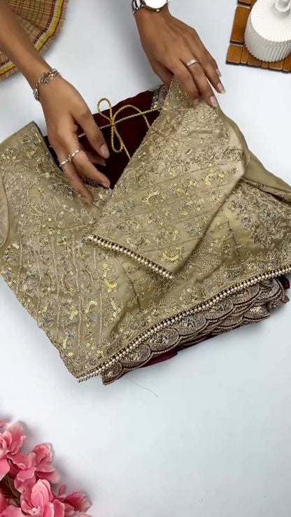 Opulent Wine & Gold Embroidered Saree Set – Available in Wine & Deep Maroon