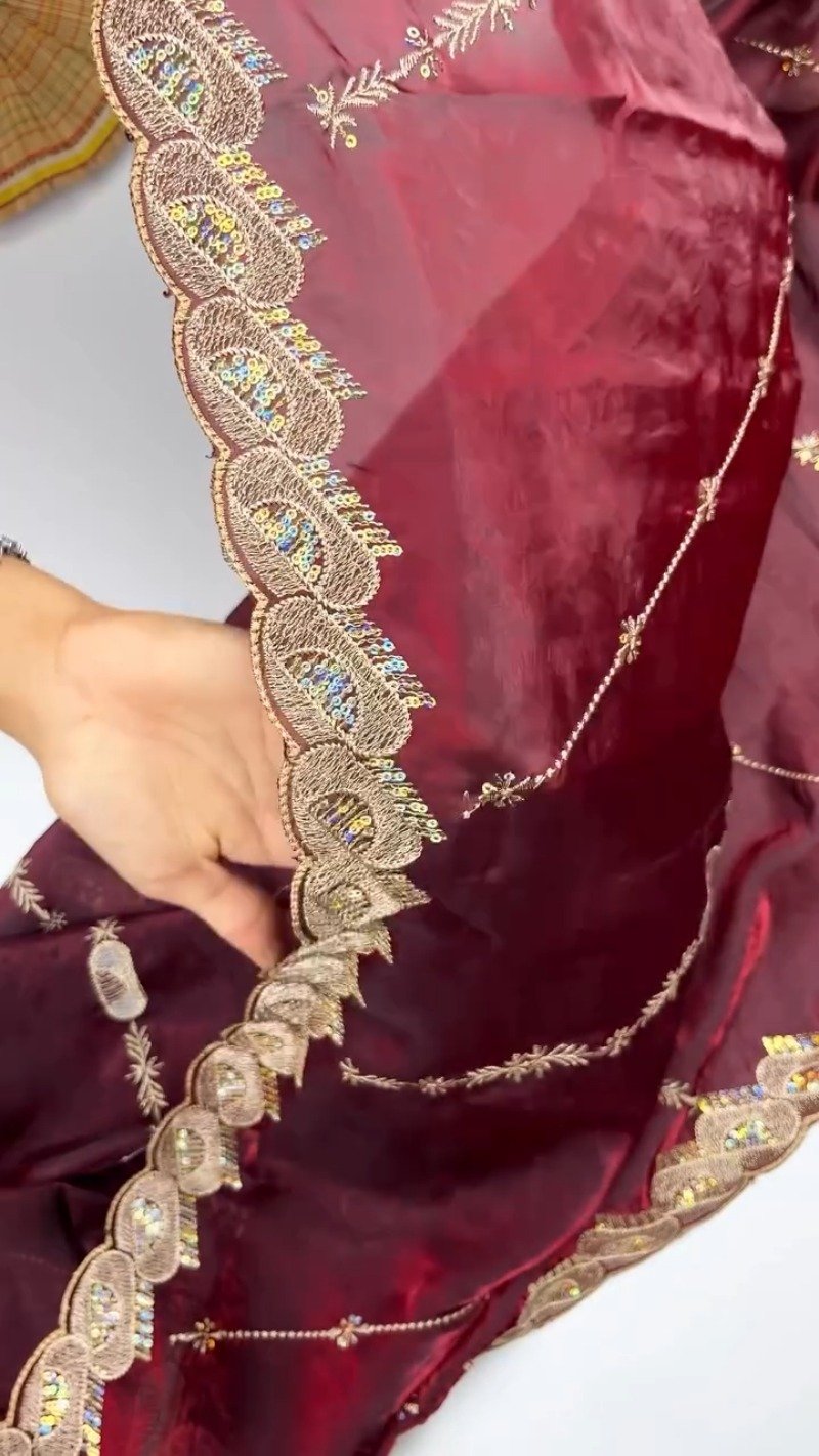 Opulent Wine & Gold Embroidered Saree Set – Available in Wine & Deep Maroon