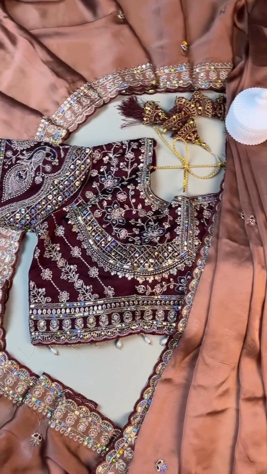 Midnight Maroon Heavily Embellished Silk Blouse & Saree Set