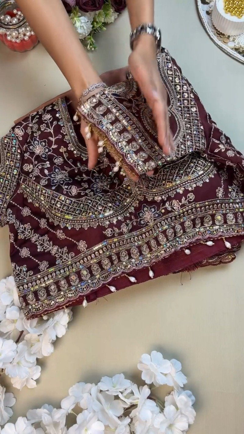 Midnight Maroon Heavily Embellished Silk Blouse & Saree Set