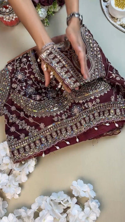 Midnight Maroon Heavily Embellished Silk Blouse & Saree Set