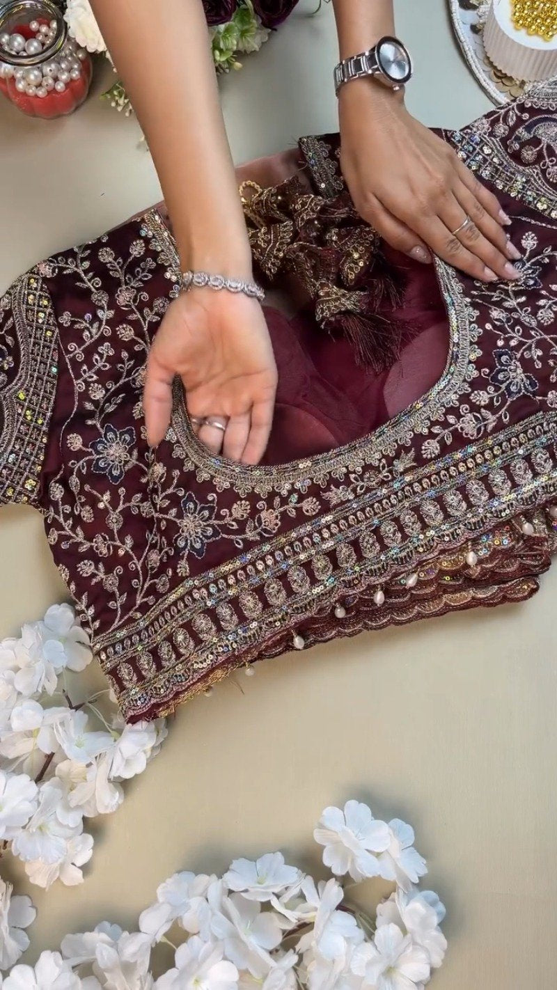Midnight Maroon Heavily Embellished Silk Blouse & Saree Set