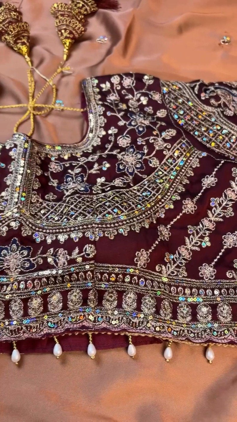 Midnight Maroon Heavily Embellished Silk Blouse & Saree Set