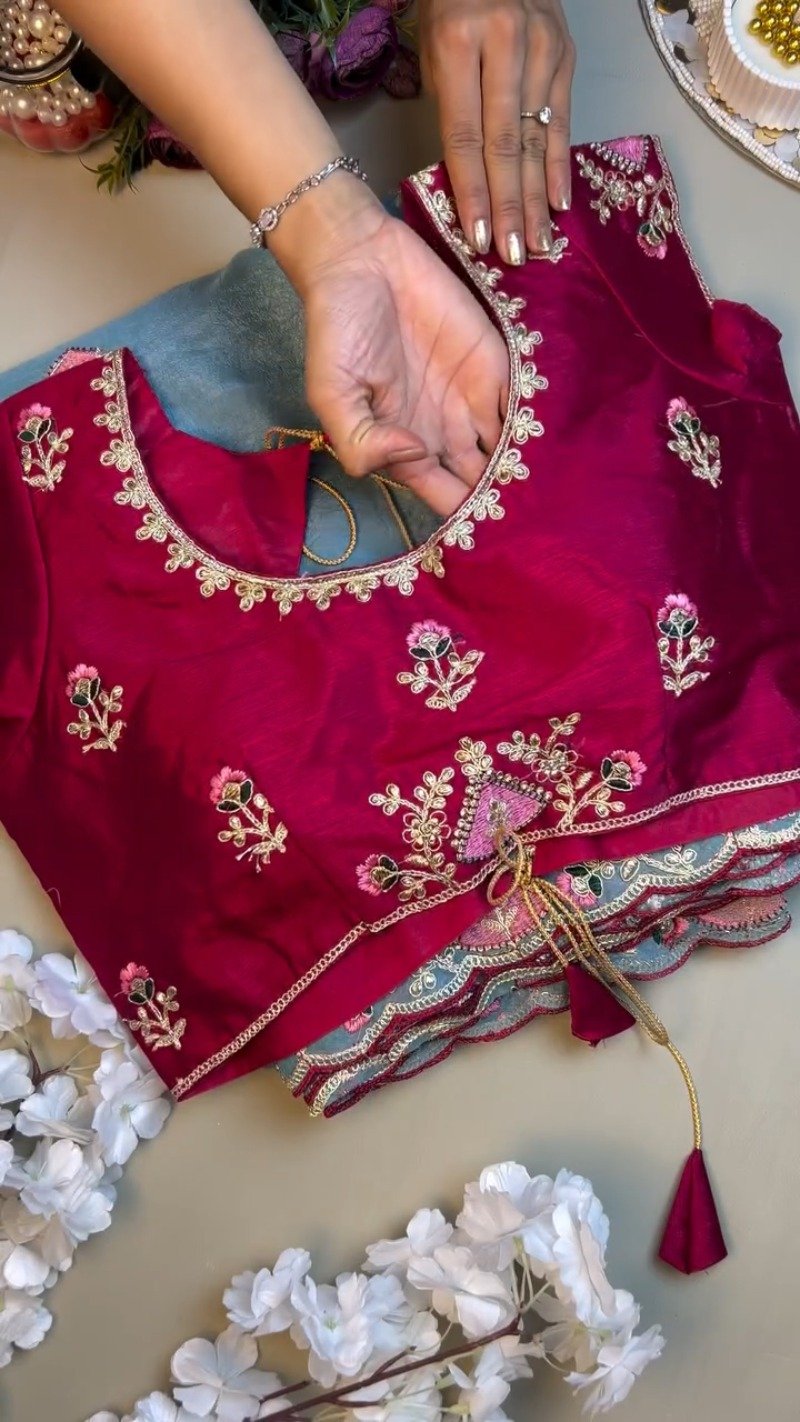 Celestial Azure Silk Saree with Intricate Velvet-Accented Embroidery – Paired with Deep Magenta Blouse