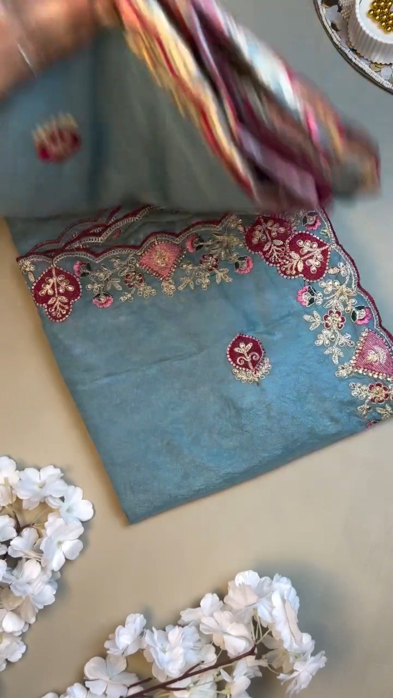 Celestial Azure Silk Saree with Intricate Velvet-Accented Embroidery – Paired with Deep Magenta Blouse