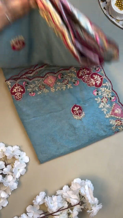 Celestial Azure Silk Saree with Intricate Velvet-Accented Embroidery – Paired with Deep Magenta Blouse