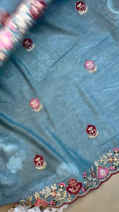 Celestial Azure Silk Saree with Intricate Velvet-Accented Embroidery – Paired with Deep Magenta Blouse