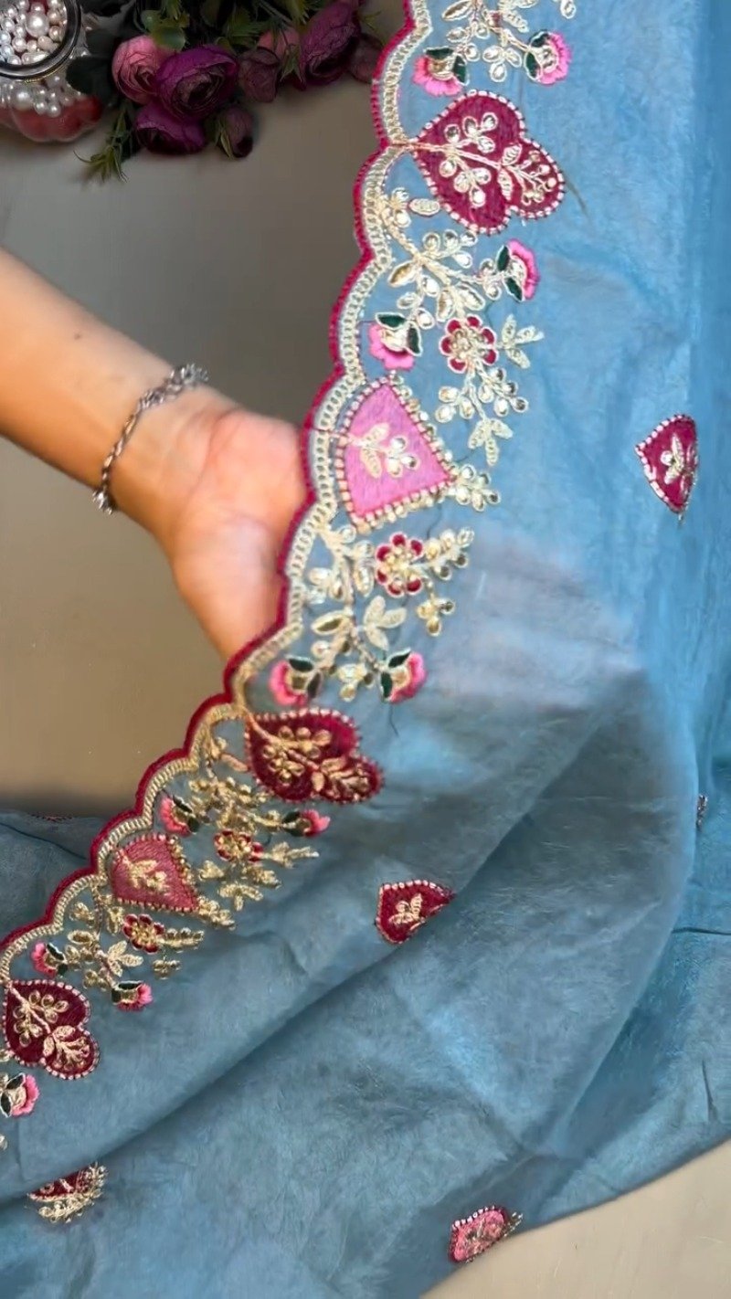 Celestial Azure Silk Saree with Intricate Velvet-Accented Embroidery – Paired with Deep Magenta Blouse