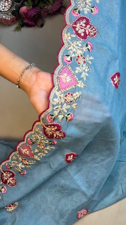 Celestial Azure Silk Saree with Intricate Velvet-Accented Embroidery – Paired with Deep Magenta Blouse
