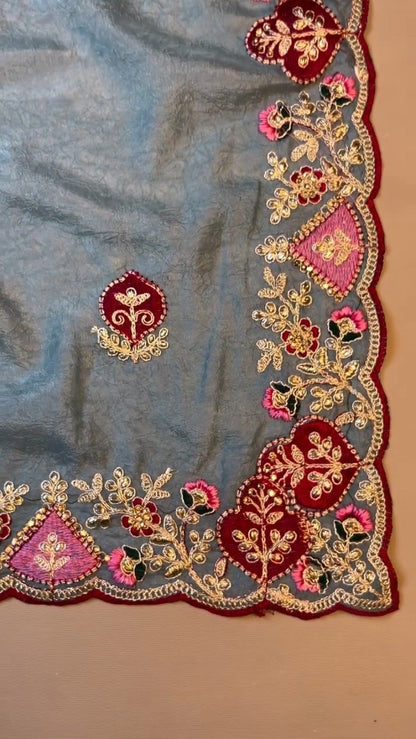 Celestial Azure Silk Saree with Intricate Velvet-Accented Embroidery – Paired with Deep Magenta Blouse