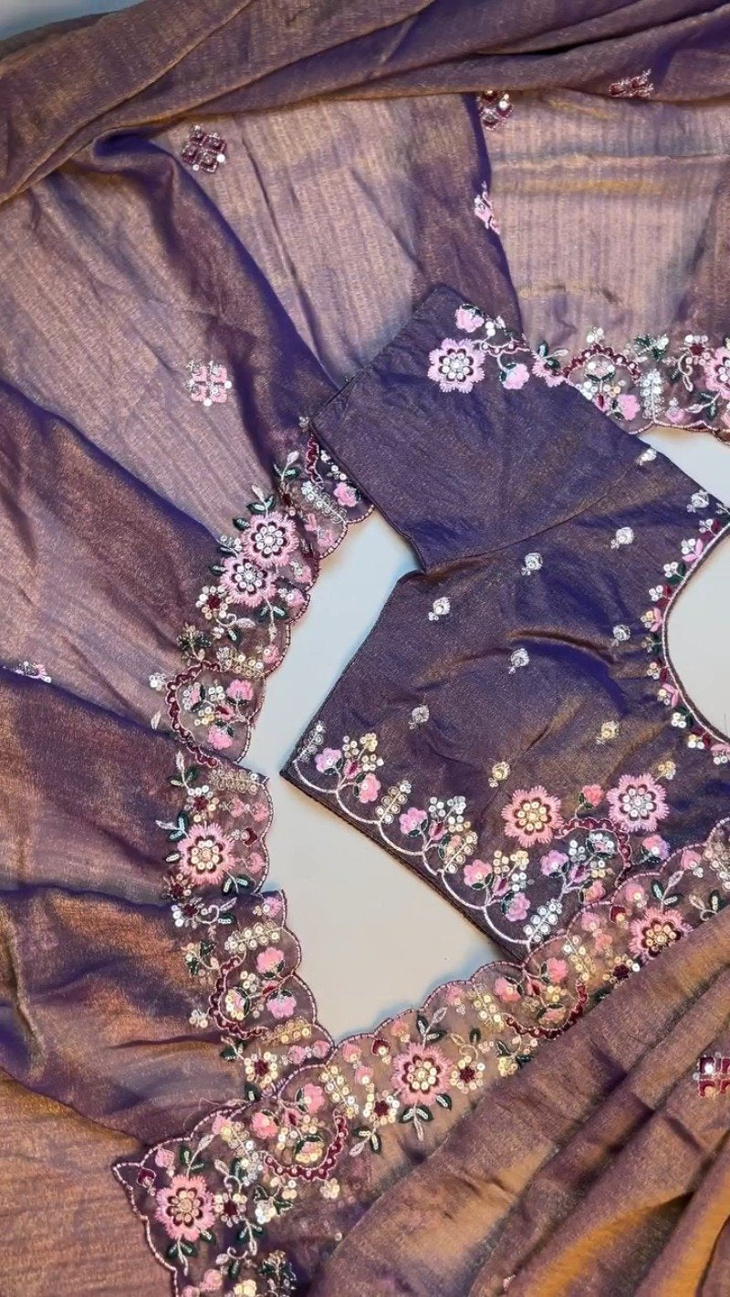 Royal Amethyst Shimmer Organza Saree & Embroidered Blouse Set