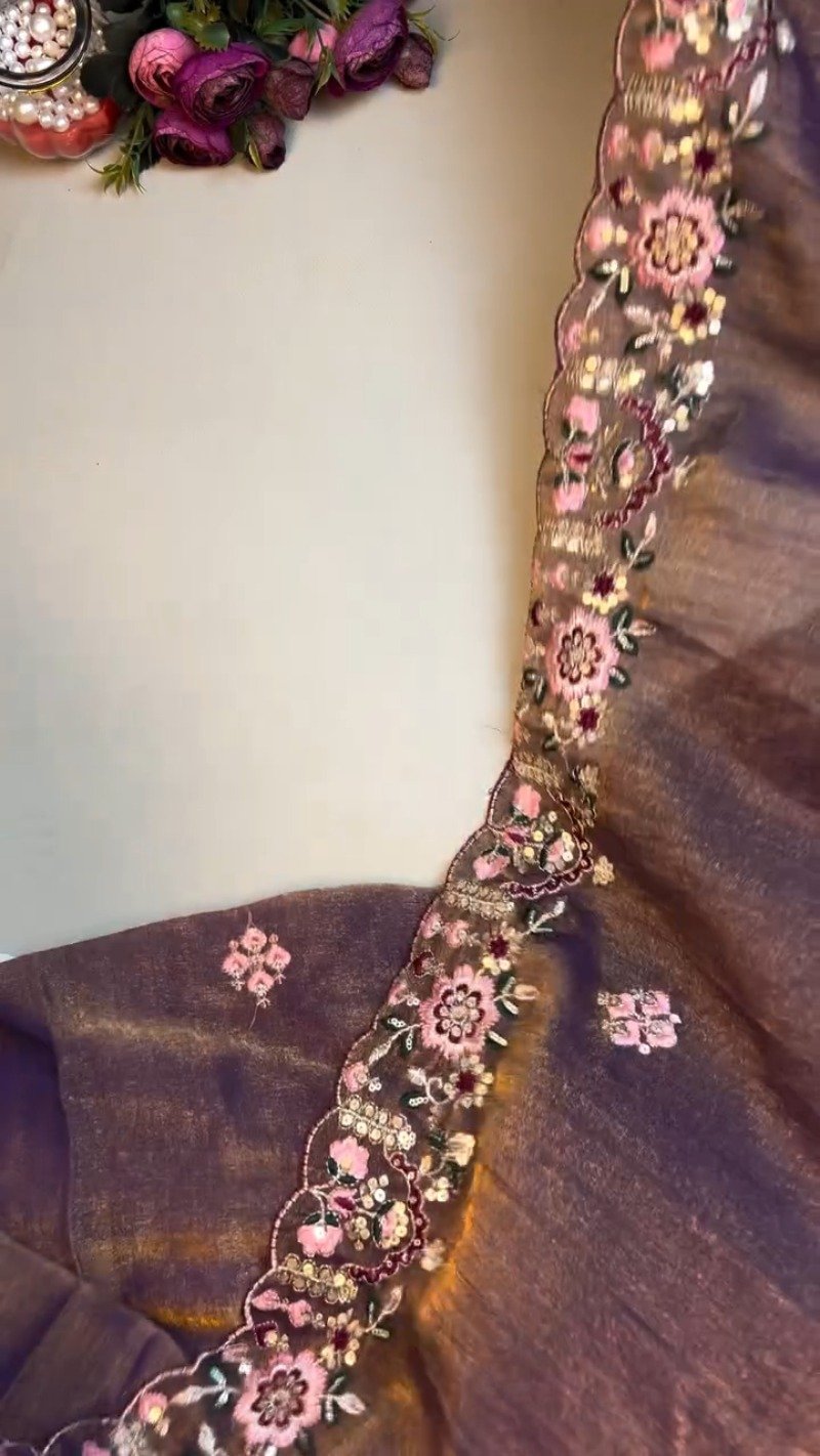 Royal Amethyst Shimmer Organza Saree & Embroidered Blouse Set