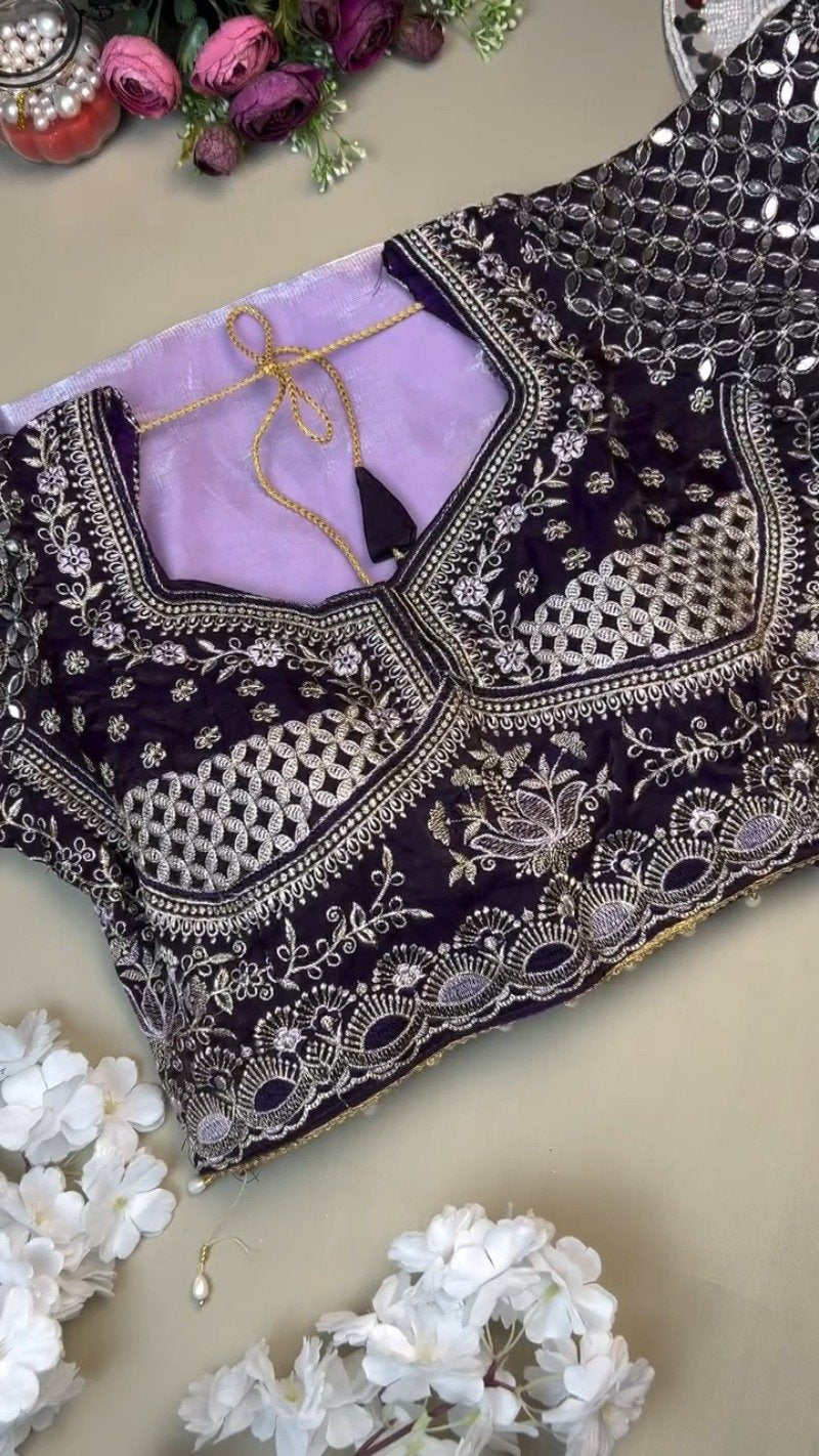 Opulent Velvet Mirror-Work Blouse & Organza Saree Set