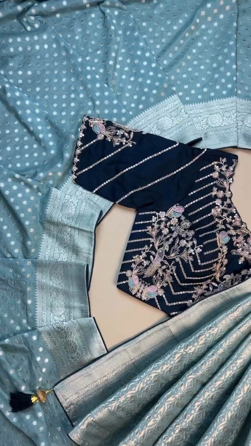 Ethereal Sky Blue Banarasi Silk Saree with Hand-Embroidered Midnight Blue Blouse