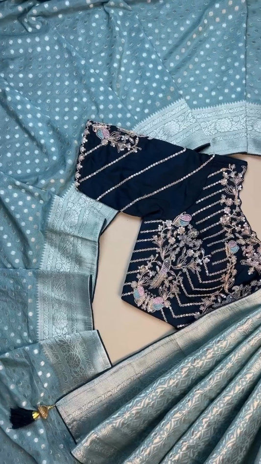 Ethereal Sky Blue Banarasi Silk Saree with Hand-Embroidered Midnight Blue Blouse