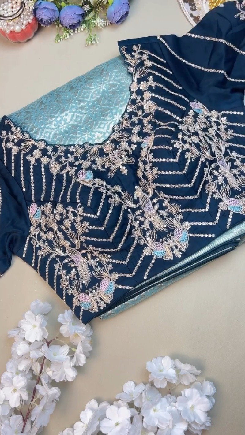 Ethereal Sky Blue Banarasi Silk Saree with Hand-Embroidered Midnight Blue Blouse