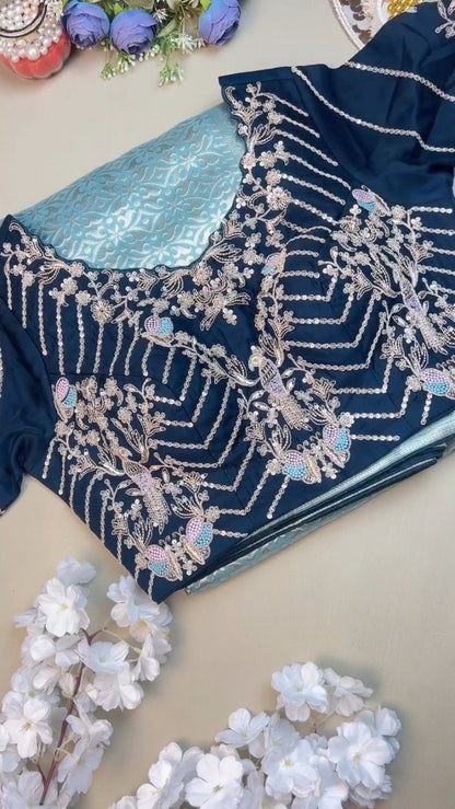 Ethereal Sky Blue Banarasi Silk Saree with Hand-Embroidered Midnight Blue Blouse