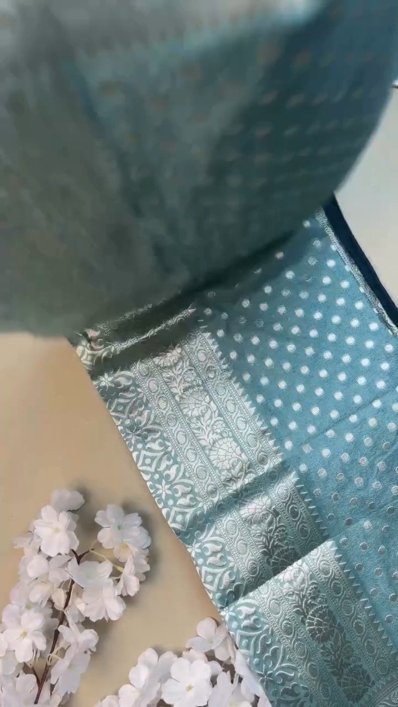 Ethereal Sky Blue Banarasi Silk Saree with Hand-Embroidered Midnight Blue Blouse