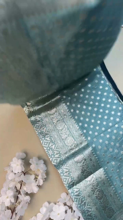 Ethereal Sky Blue Banarasi Silk Saree with Hand-Embroidered Midnight Blue Blouse