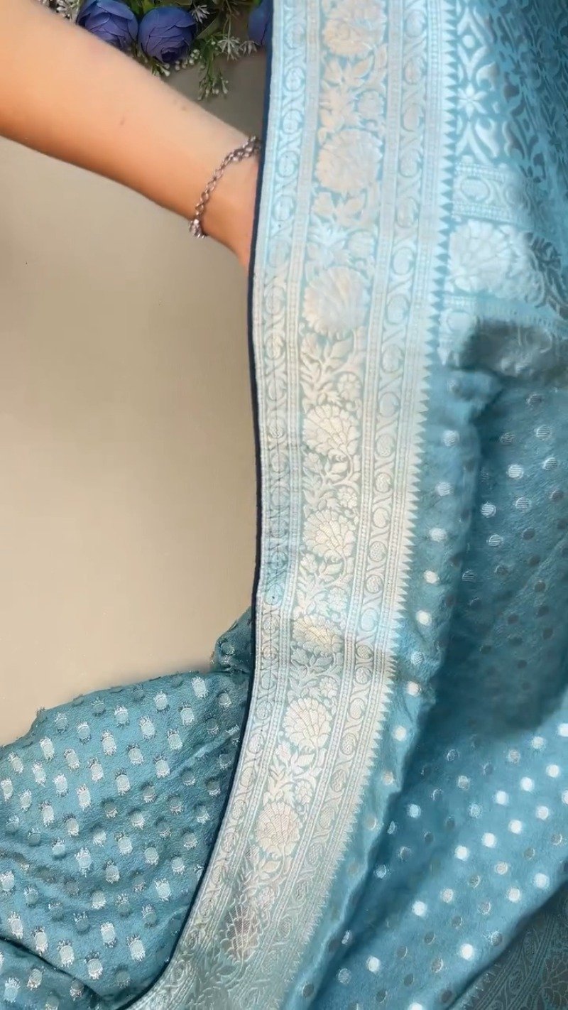Ethereal Sky Blue Banarasi Silk Saree with Hand-Embroidered Midnight Blue Blouse