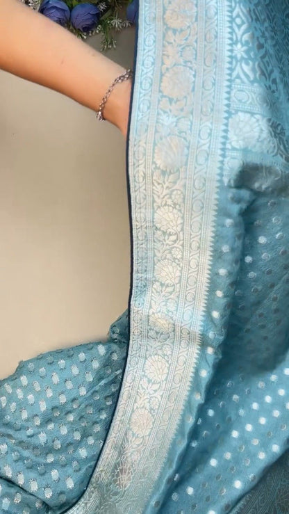 Ethereal Sky Blue Banarasi Silk Saree with Hand-Embroidered Midnight Blue Blouse