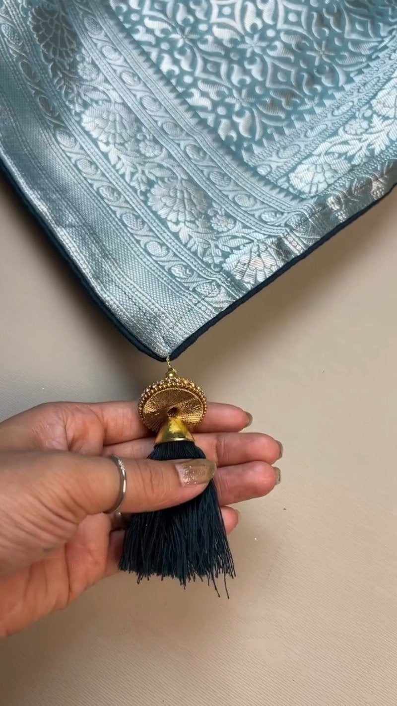 Ethereal Sky Blue Banarasi Silk Saree with Hand-Embroidered Midnight Blue Blouse