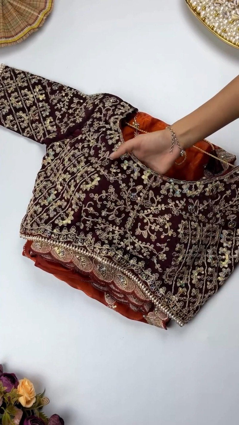 Opulent Scalloped Border Embellished Saree with Embroidered Blouse – Available in Sage Green & Rust Orange