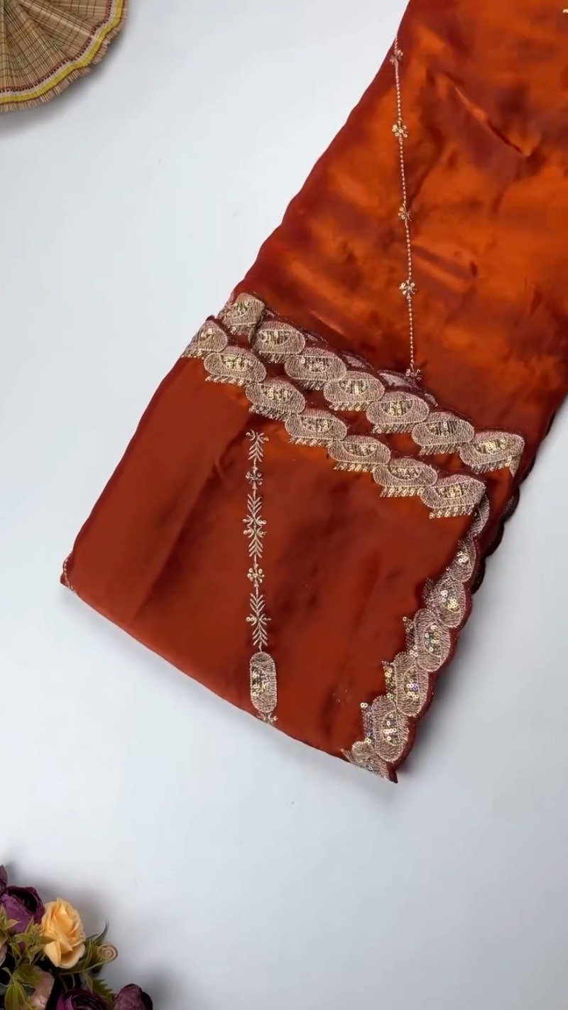 Opulent Scalloped Border Embellished Saree with Embroidered Blouse – Available in Sage Green & Rust Orange