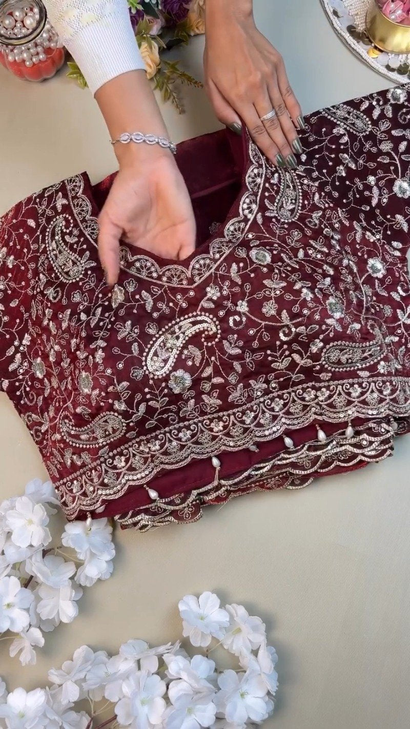 Regal Maroon Hand-Embellished Silk Saree with Heavy Zardosi Work – Available in Single Colour