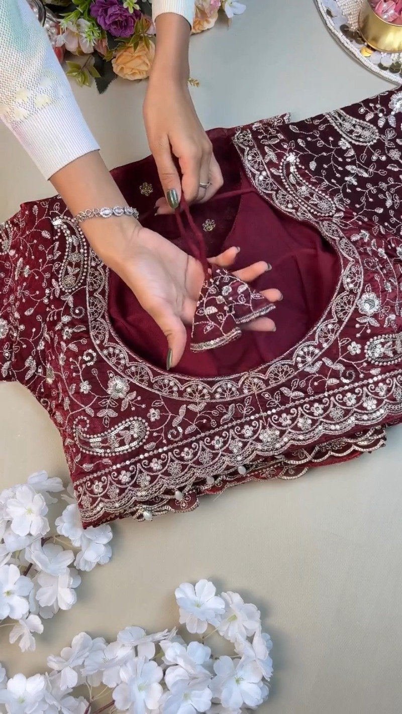 Regal Maroon Hand-Embellished Silk Saree with Heavy Zardosi Work – Available in Single Colour