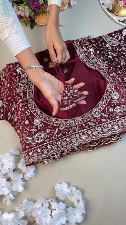 Regal Maroon Hand-Embellished Silk Saree with Heavy Zardosi Work – Available in Single Colour