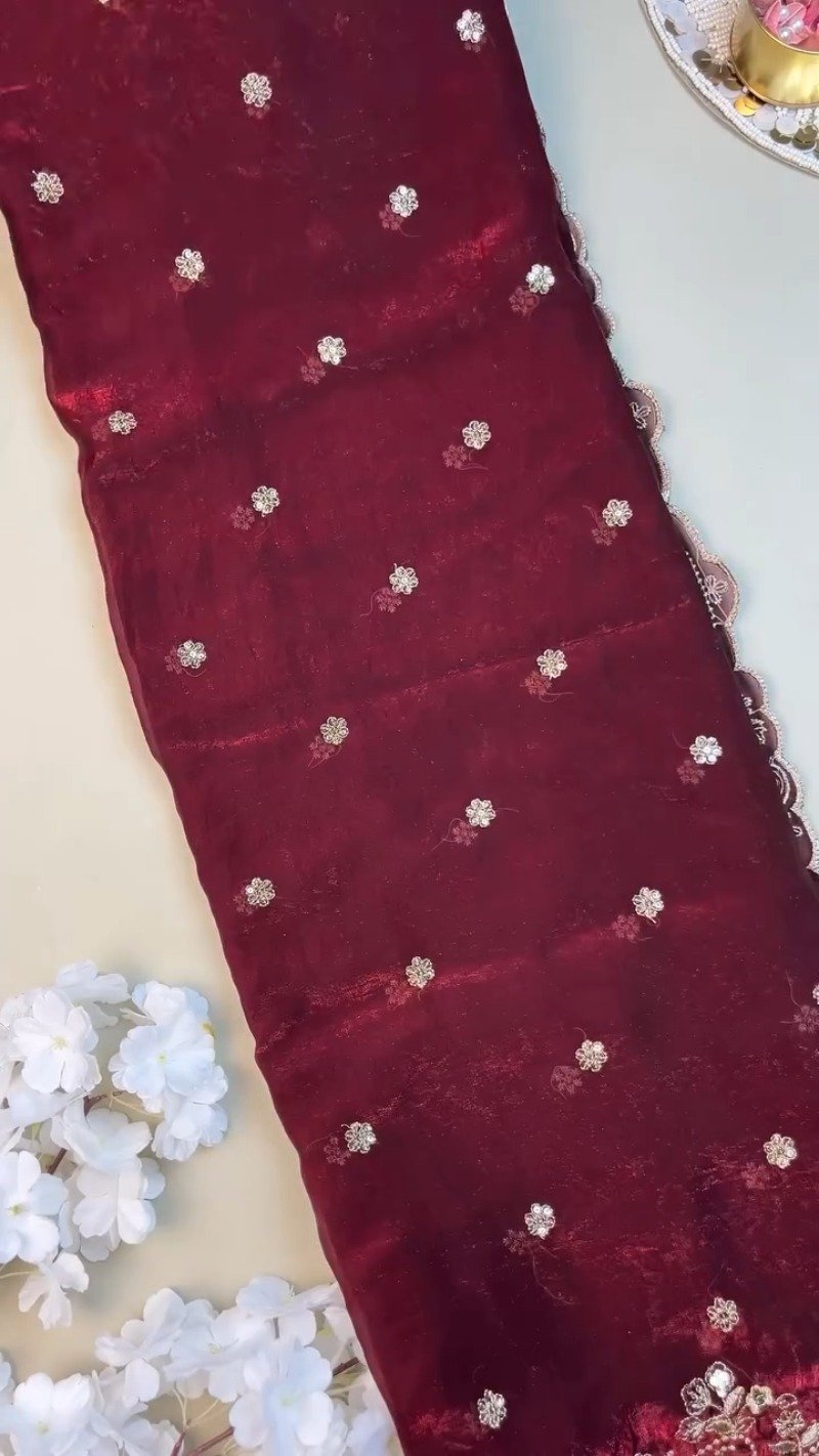 Regal Maroon Hand-Embellished Silk Saree with Heavy Zardosi Work – Available in Single Colour