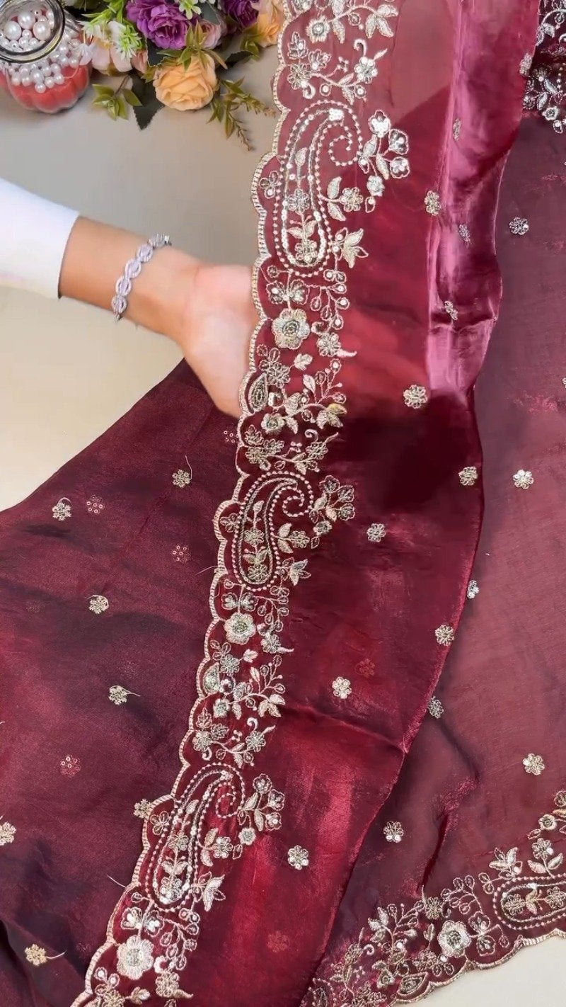 Regal Maroon Hand-Embellished Silk Saree with Heavy Zardosi Work – Available in Single Colour