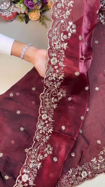 Regal Maroon Hand-Embellished Silk Saree with Heavy Zardosi Work – Available in Single Colour