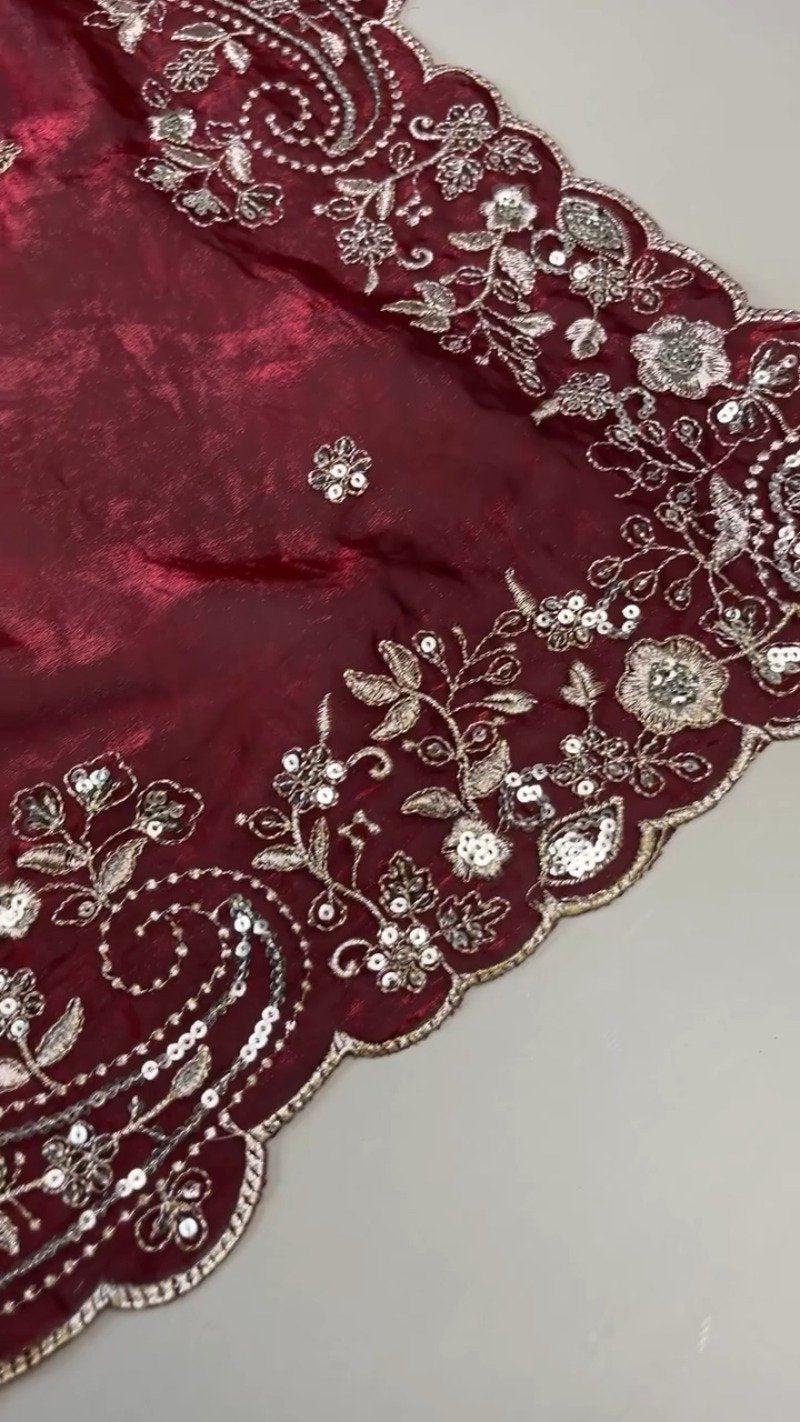 Regal Maroon Hand-Embellished Silk Saree with Heavy Zardosi Work – Available in Single Colour