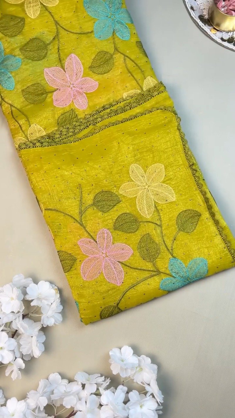 Radiant Lime Green Floral Embroidered Organza Saree Set